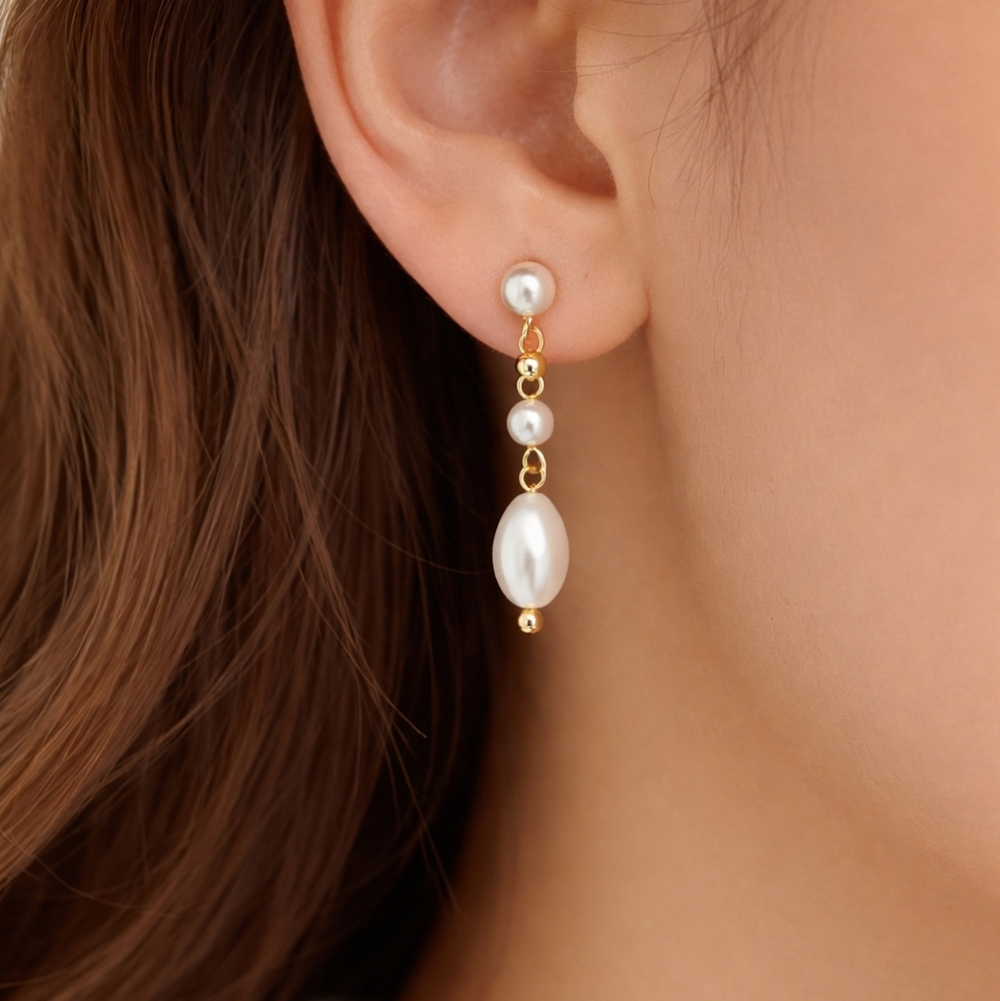Gold Pearl Drop Dangle Stud Earrings